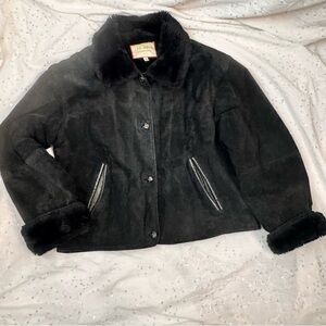 Vintage 90s Black Suede Jacket Faux Fur Collar Penny Lane Style Size M